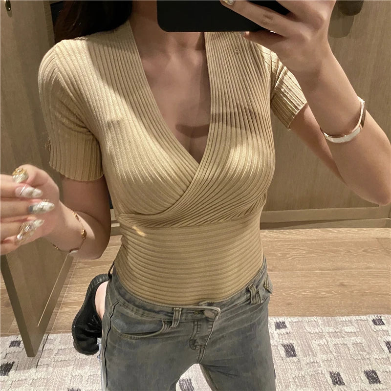 Suéter para Mujeres con  cuello en V Top elástico